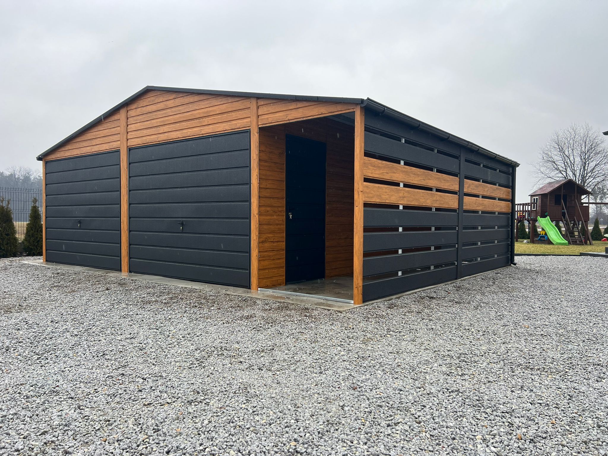Garaż blaszany podwójny + wiata 7m x 6m