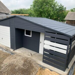 Garaż blaszany 8m x 6m z wiatą i pom. gospodarczym