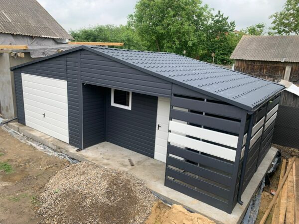 Garaż blaszany 8m x 6m z wiatą i pom. gospodarczym